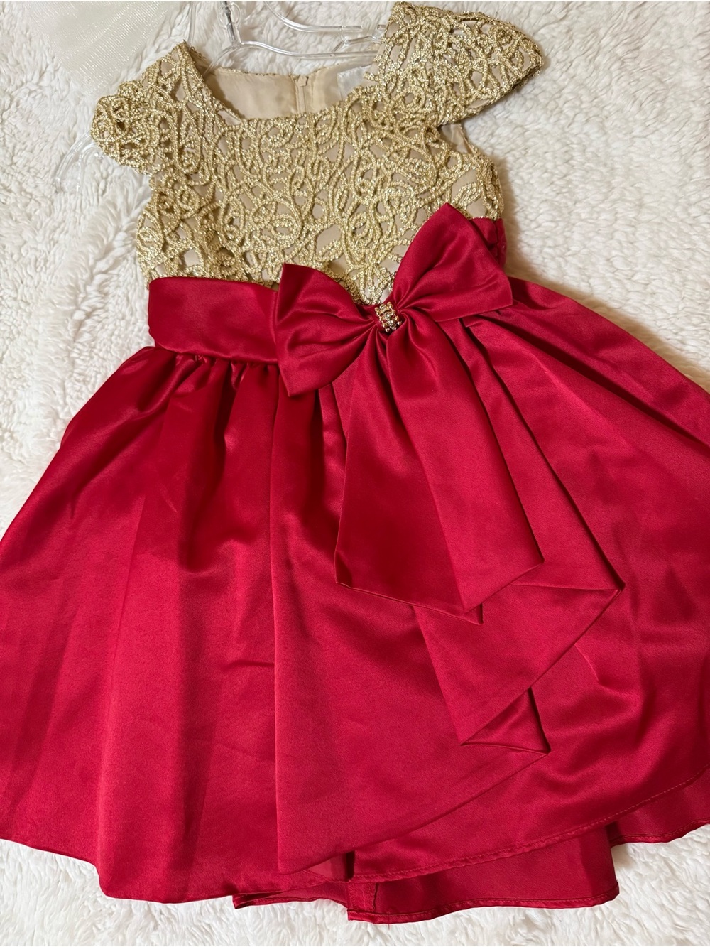 Rare Editions Gold Lace Top with Red Satin Bow Dress